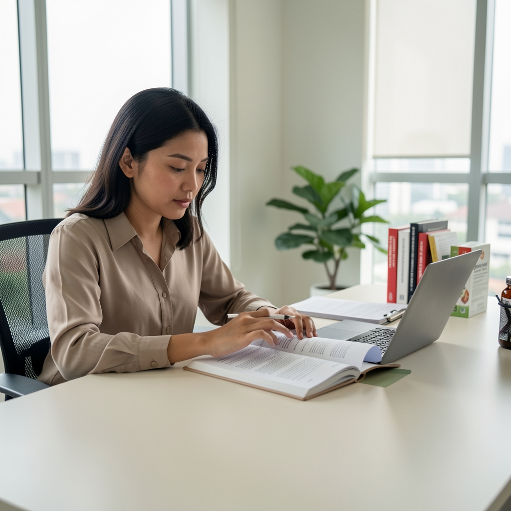 Flat-lay arrangement of supplement batch documentation, composition certificates, and quality verification papers on a clean wooden desk with natural light