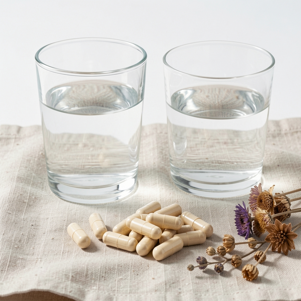 Clean studio composition of natural supplement capsules arranged on a linen surface beside a glass of water and dried botanical elements, bright controlled lighting