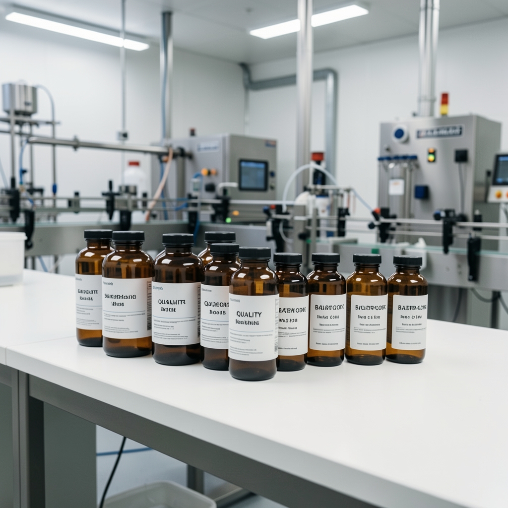 Quality-control bench in a supplement production facility showing batch-coded amber glass containers under bright studio lighting with white work surface