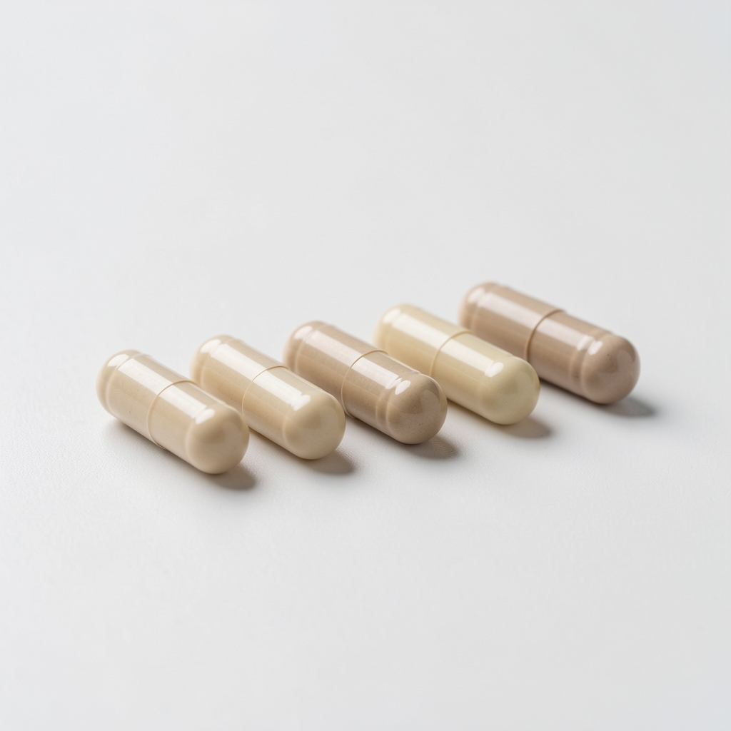 Close-up macro photograph of premium mineral supplement capsules arranged in a minimal line on a matte white surface, editorial product photography