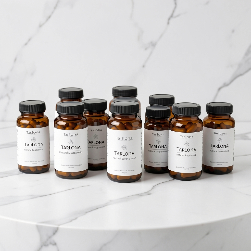 Full product line of Drevani natural supplement capsules in amber glass bottles with minimal labels arranged on a white marble surface, editorial product photography with clean studio lighting