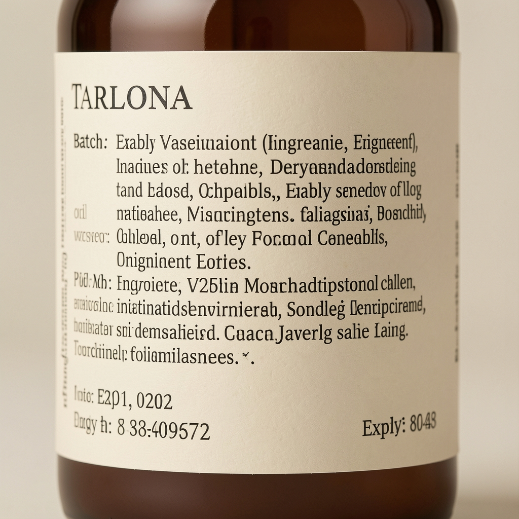 Drevani supplement bottle label detail showing batch code, ingredient list, and expiry date printed in minimal serif typography on cream paper label