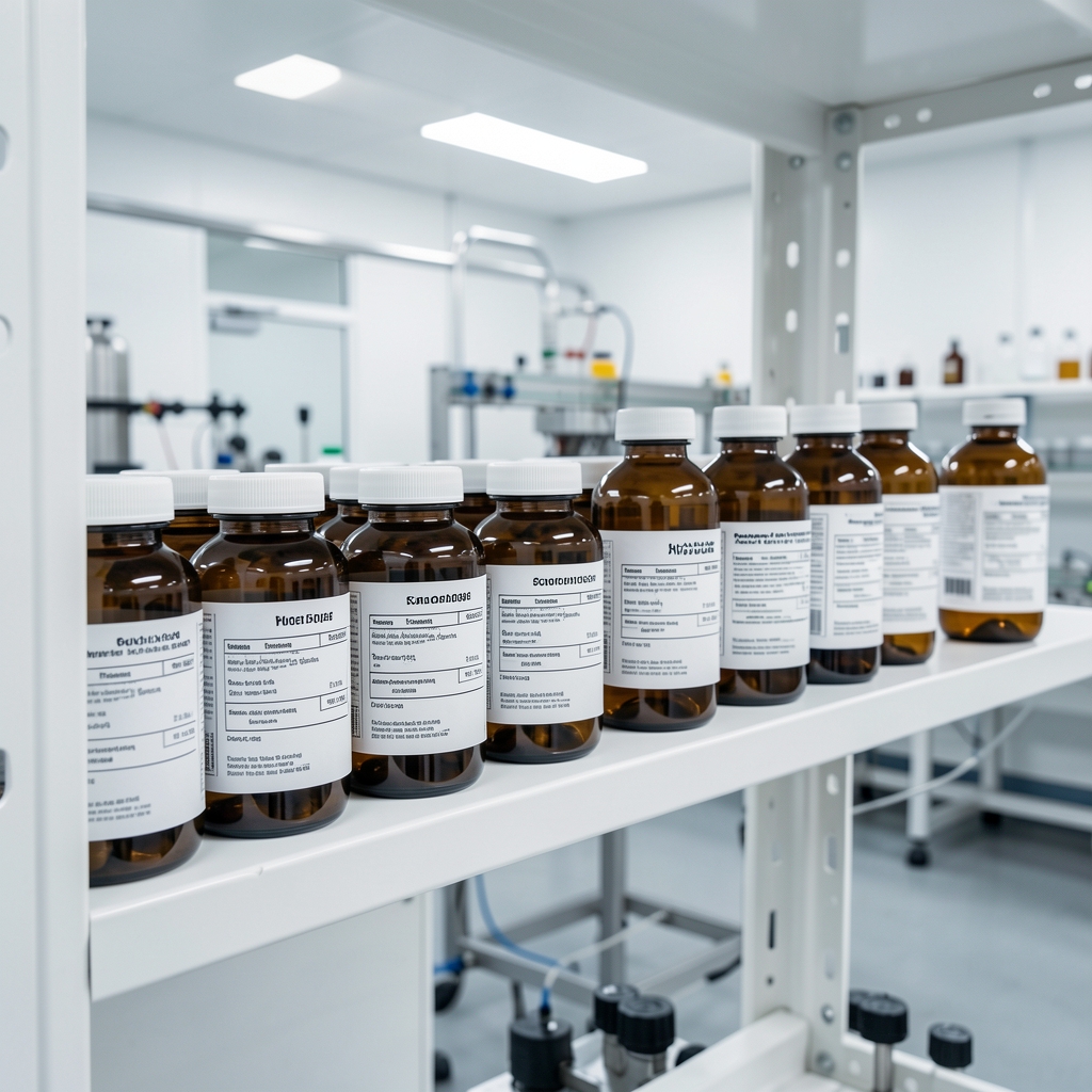 A row of amber glass supplement bottles with printed batch labels arranged neatly on a white shelving unit inside a clean production space with controlled lighting